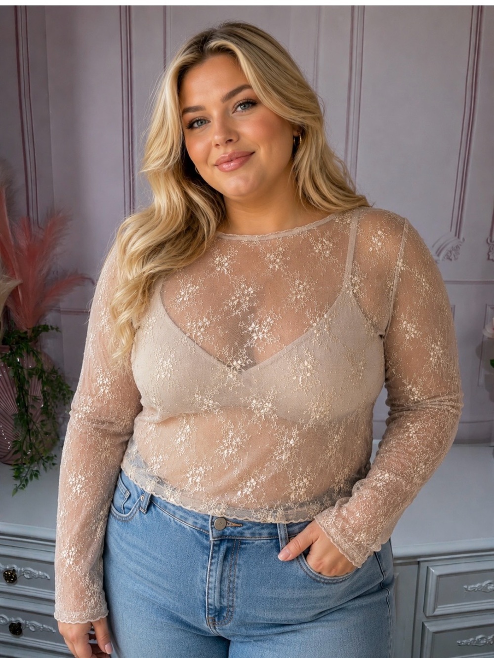 Sheer Lace Long-Sleeve Layering Top Beige Champagne